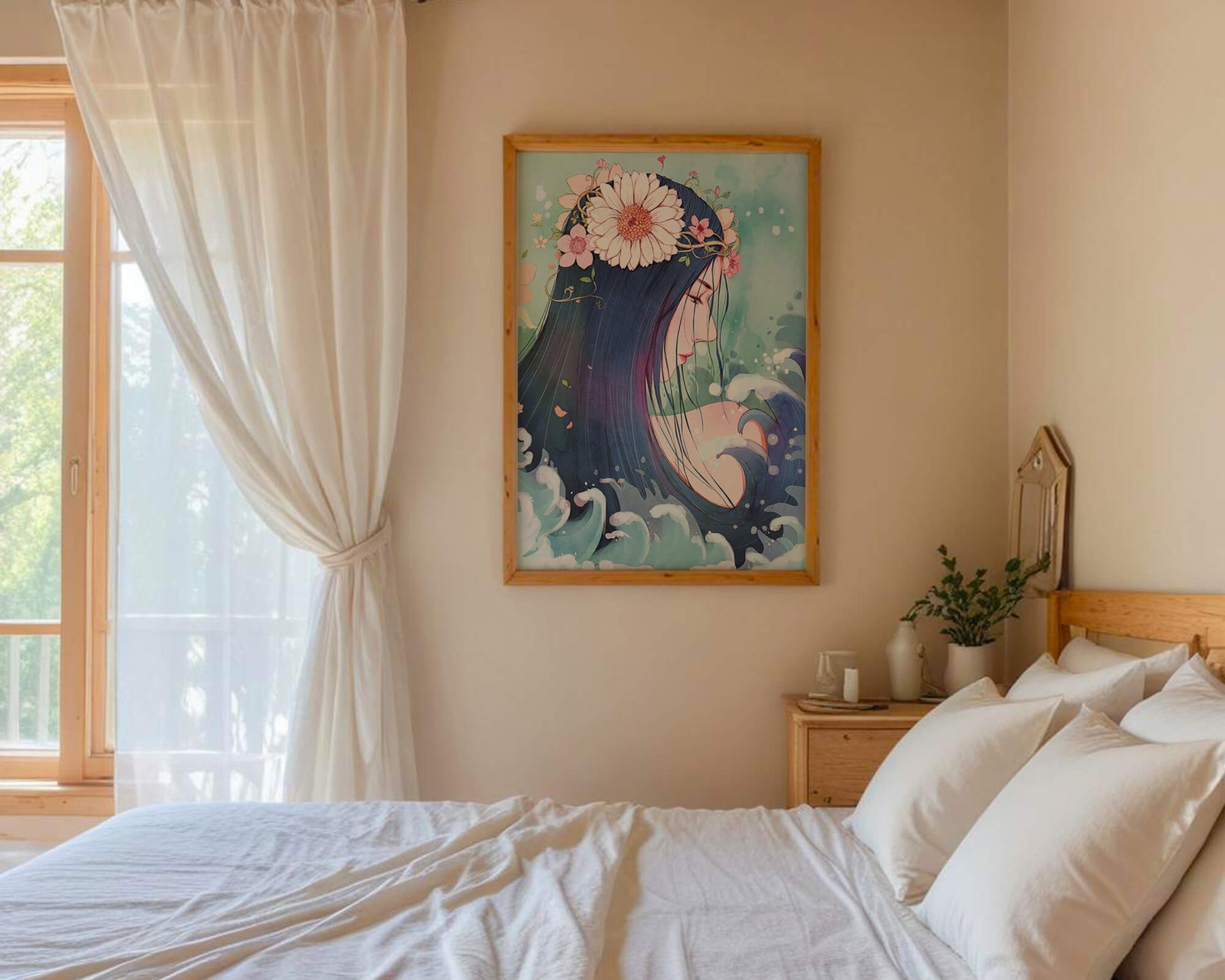 Illustration of a serene woman with floral crown and ocean waves