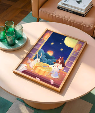 Moonlit Night with Lanterns and Tea Ceremony Featuring Rabbits and Mooncakes