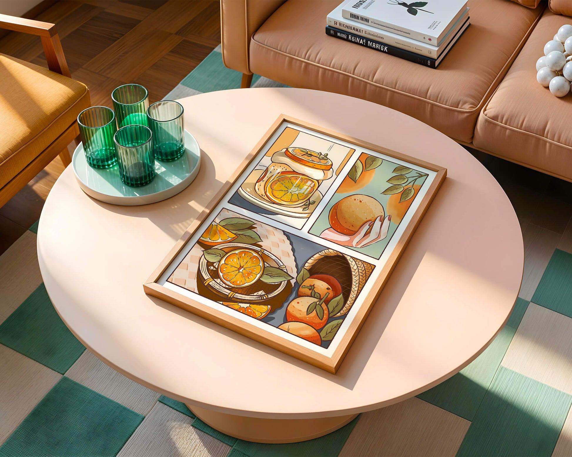 Ilustración colorida de naranjas y conservas con canasta