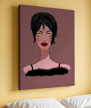 Illustration einer Frau mit kurzen schwarzen Haaren und auffälligem Make-up auf braunem Hintergrund
