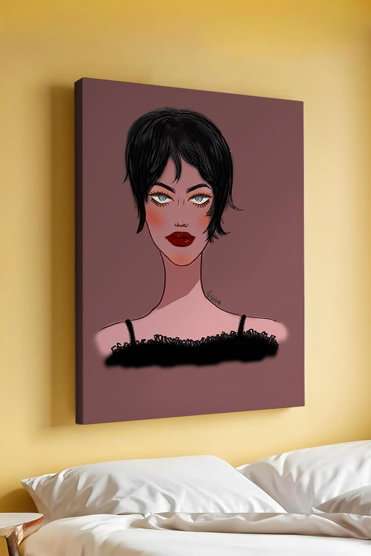 Illustration of a woman with short black hair and striking makeup on a brown background