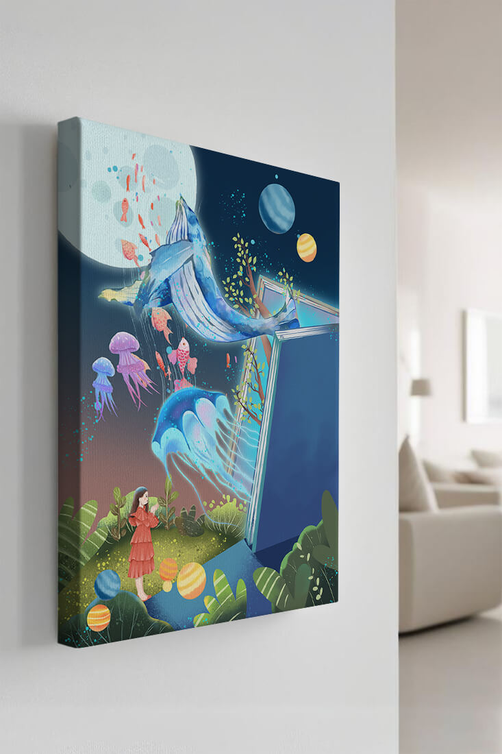 Surreal Ocean Life Emerging From a Book in a Dreamlike Forest Scene