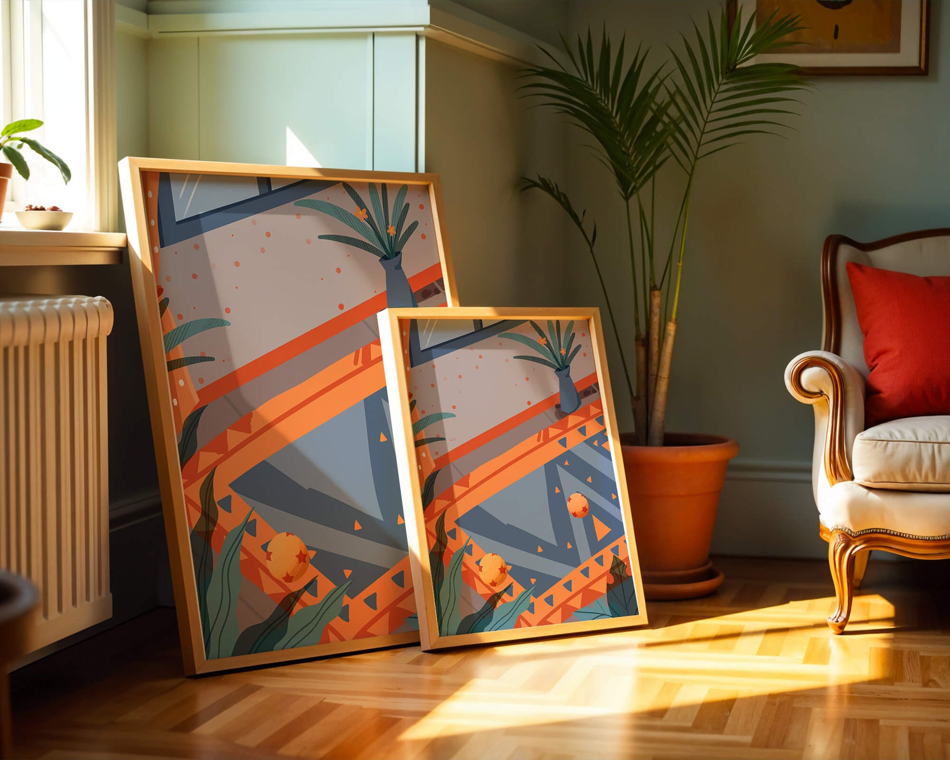 Interior abstracto moderno con patrones geométricos y planta