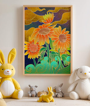 Vibrant sunflowers with intricate background patterns