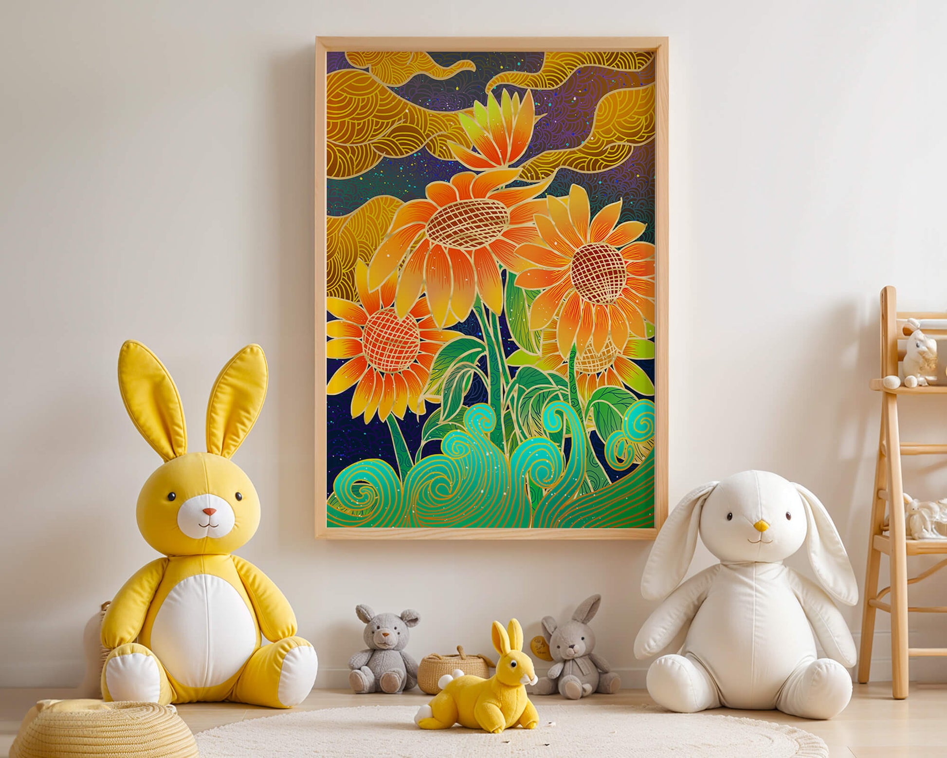 Vibrant sunflowers with intricate background patterns