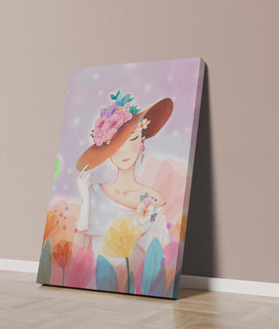 Mujer elegante con sombrero floral entre flores coloridas