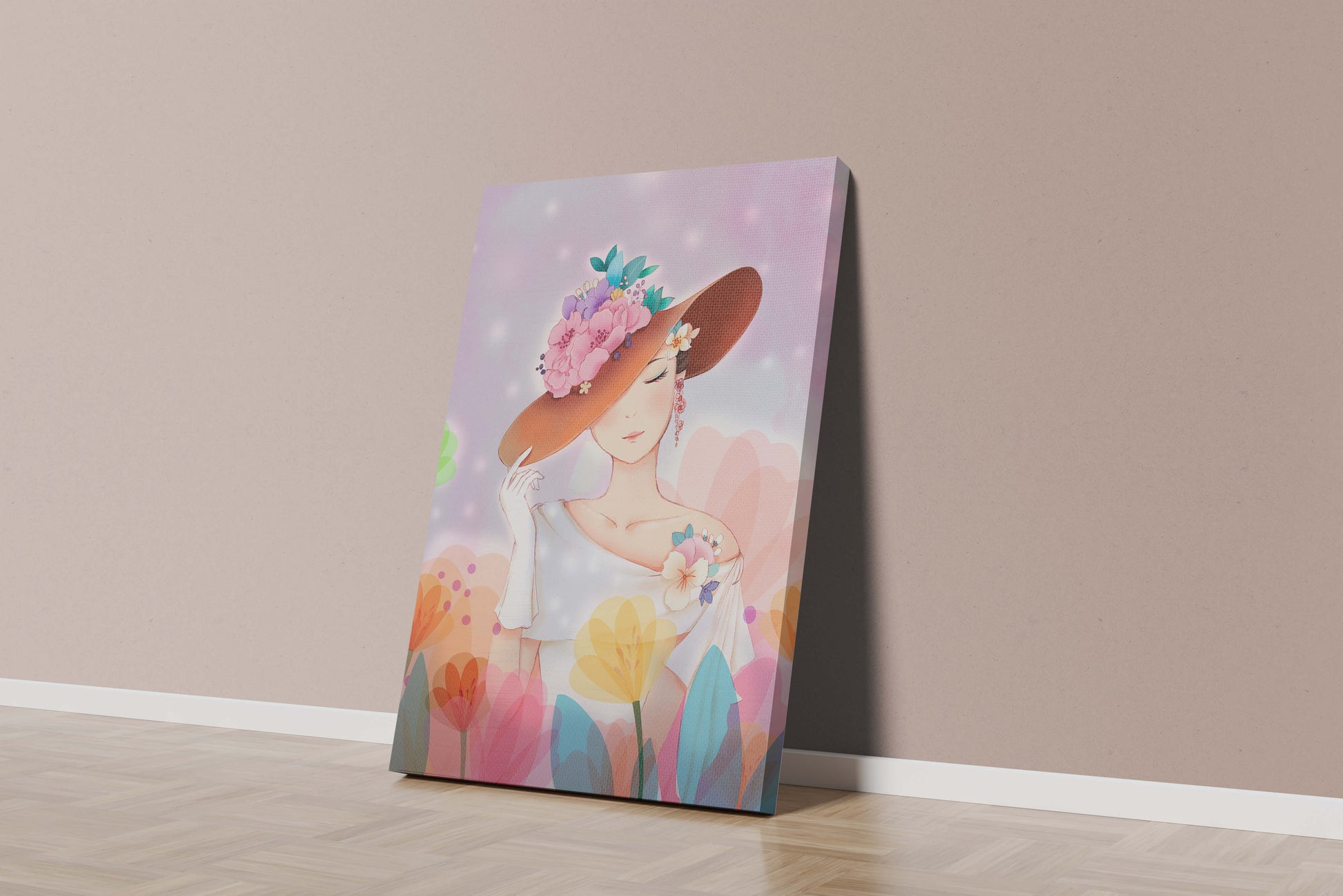 Mujer elegante con sombrero floral entre flores de colores