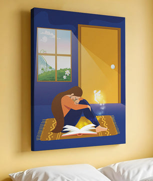 Woman sitting with an open magical book and a fairy in a room