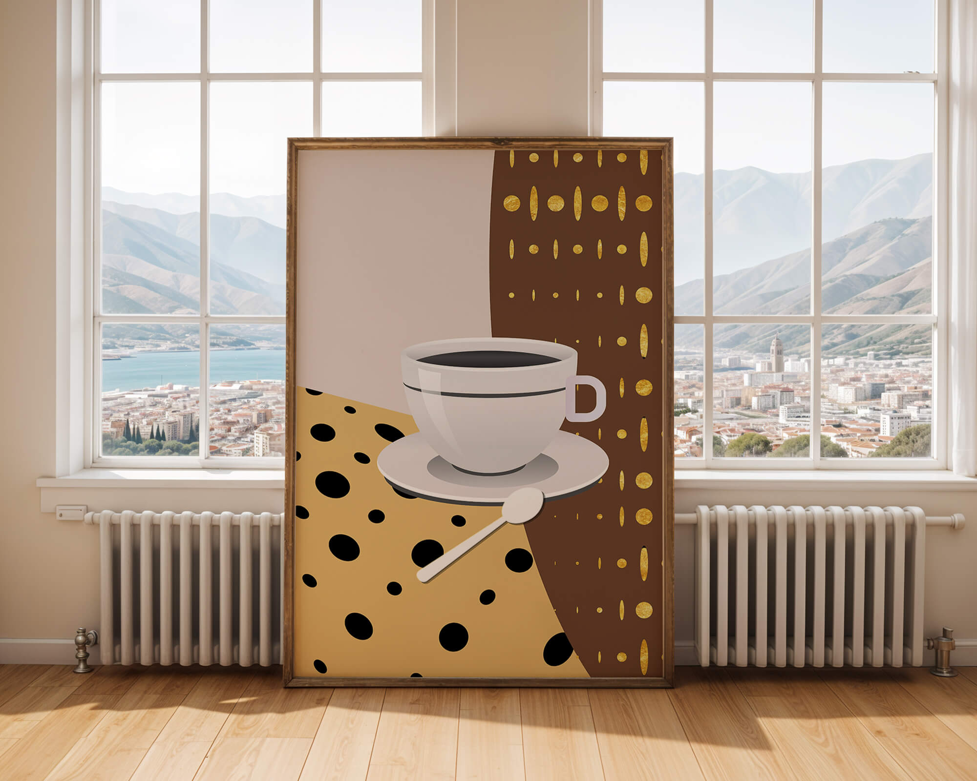 Contemporary Coffee Art with Geometric Patterns and Gold Accents - Mi tienda