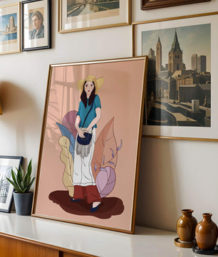 Ilustración de moda de una mujer con sombrero sobre fondo pastel