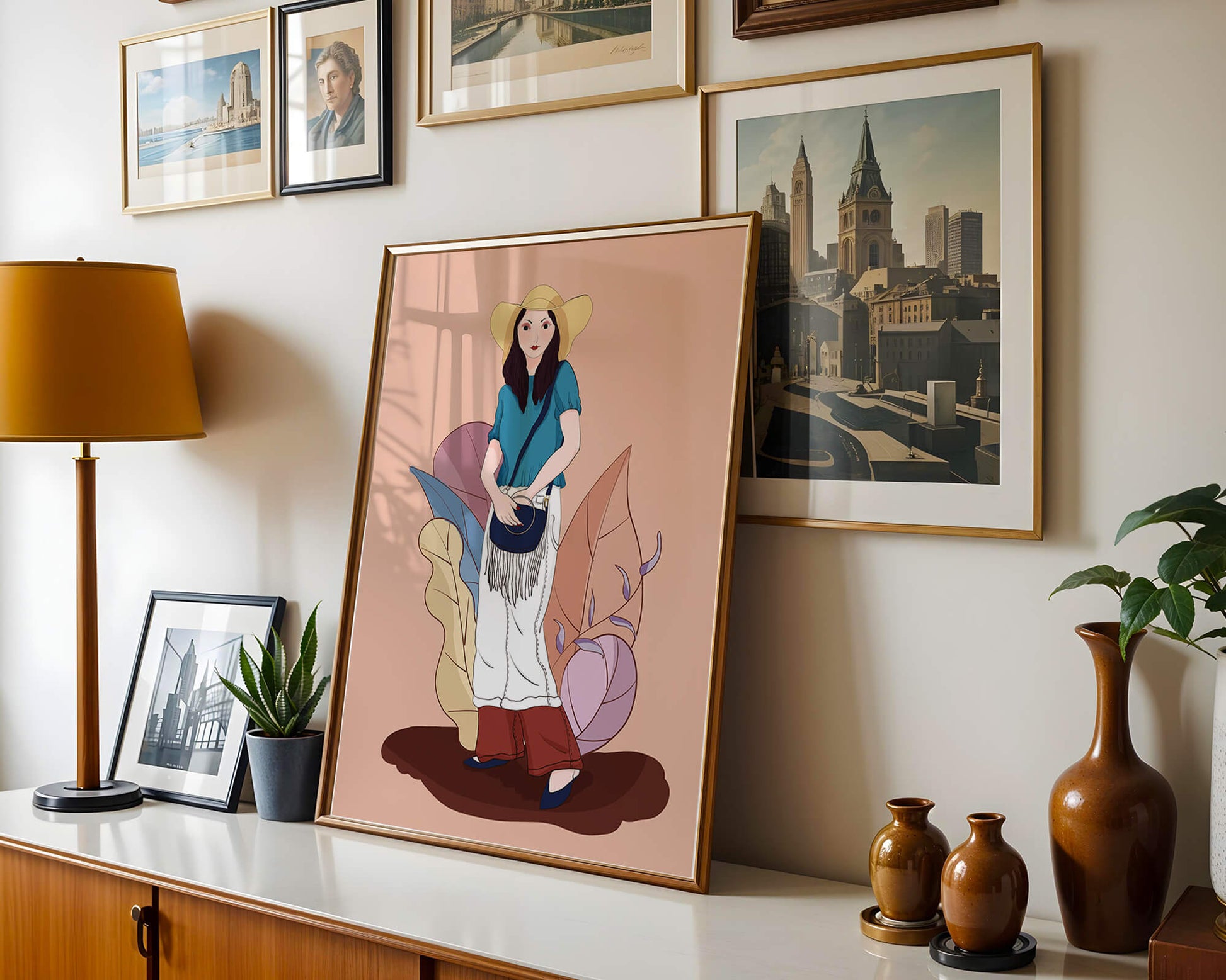 Ilustración de moda de una mujer con sombrero sobre fondo pastel