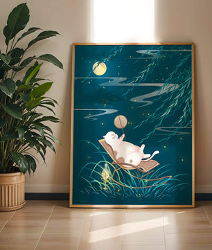 Adorable ilustración de un gato relajándose en un jardín iluminado por la luna con linterna