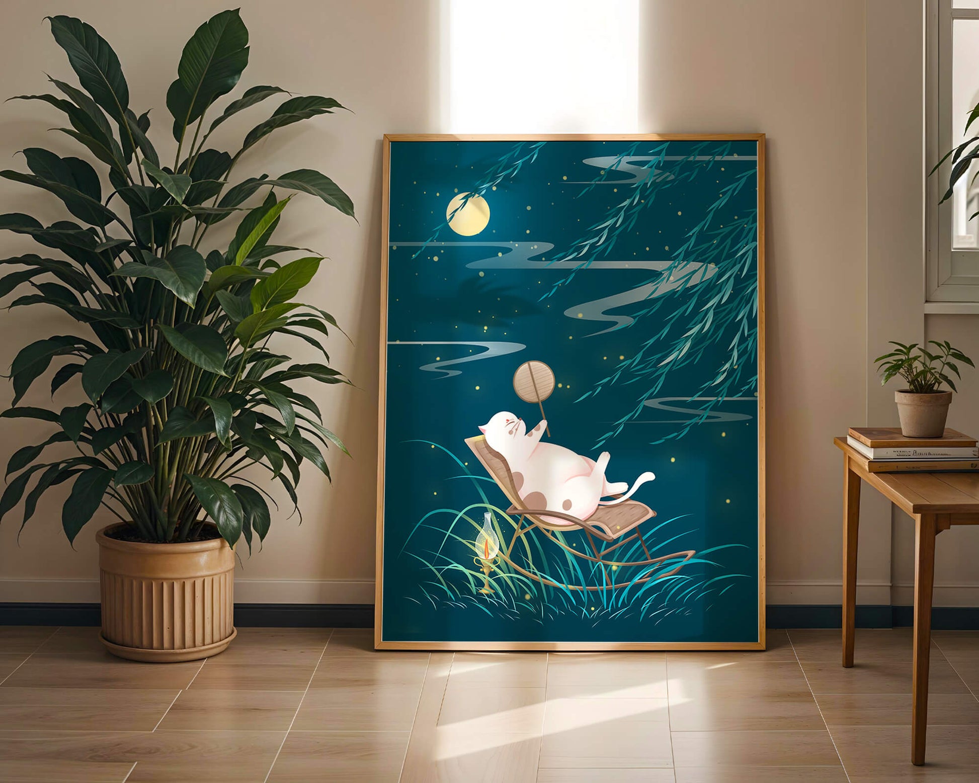 Adorable ilustración de un gato relajándose en un jardín iluminado por la luna con linterna