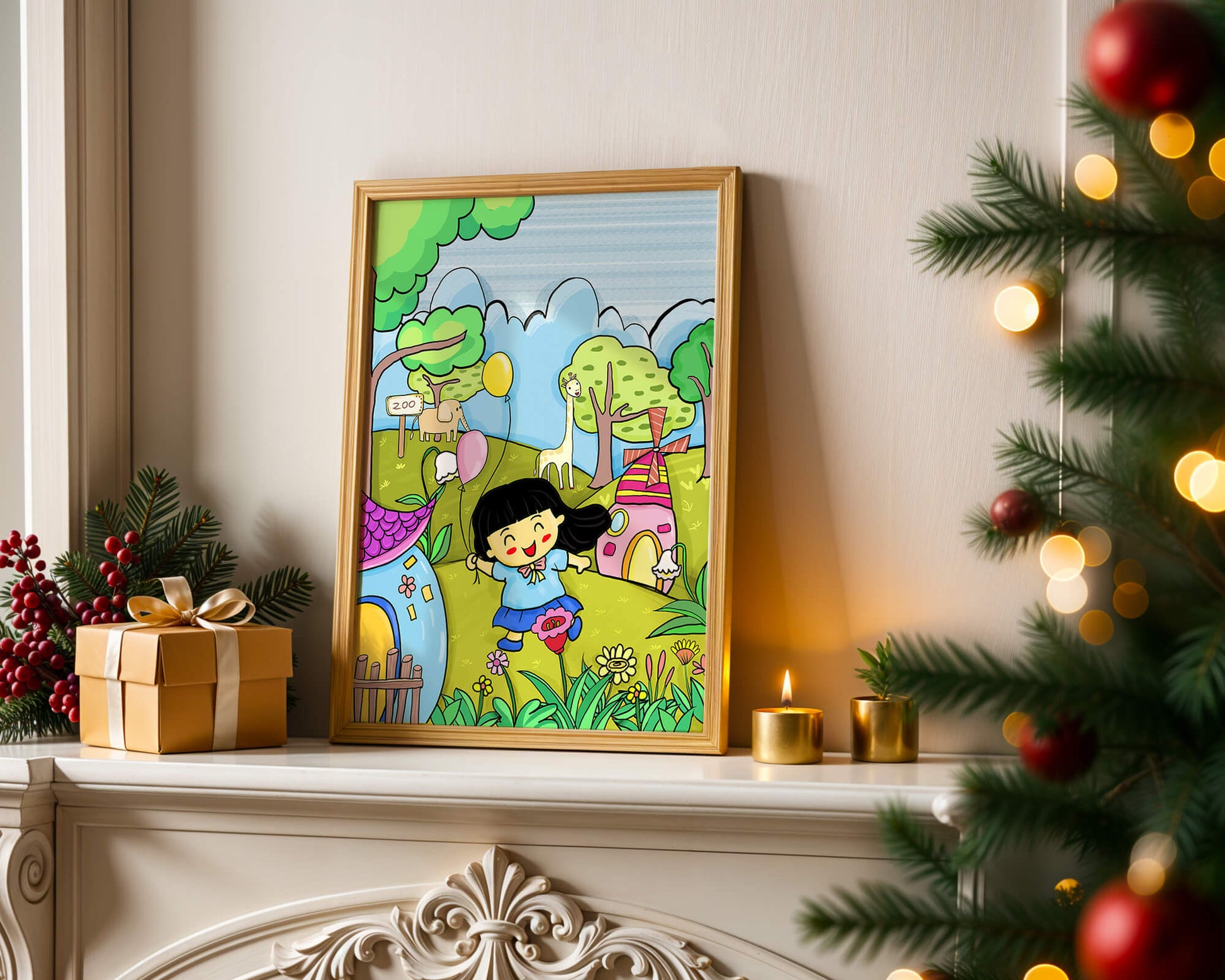Colorful children's illustration of a joyful zoo visit with animals