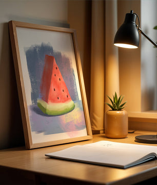 Ilustración en acuarela de una rodaja de sandía con fondo abstracto