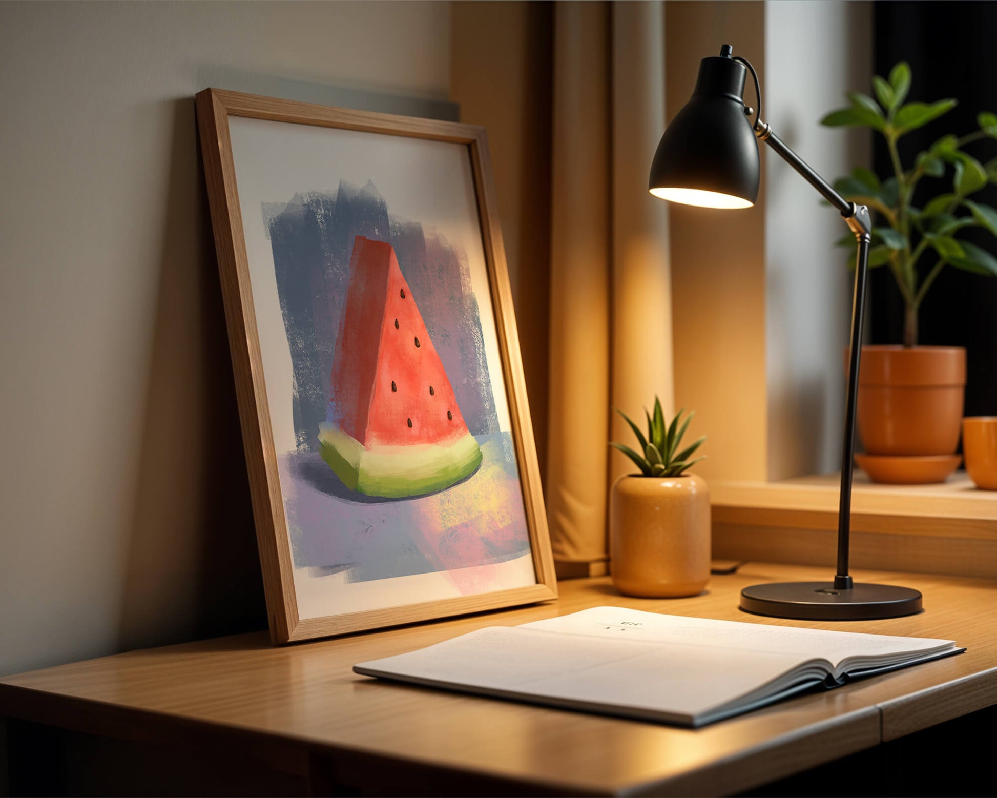 Watercolor illustration of a watermelon slice with abstract background
