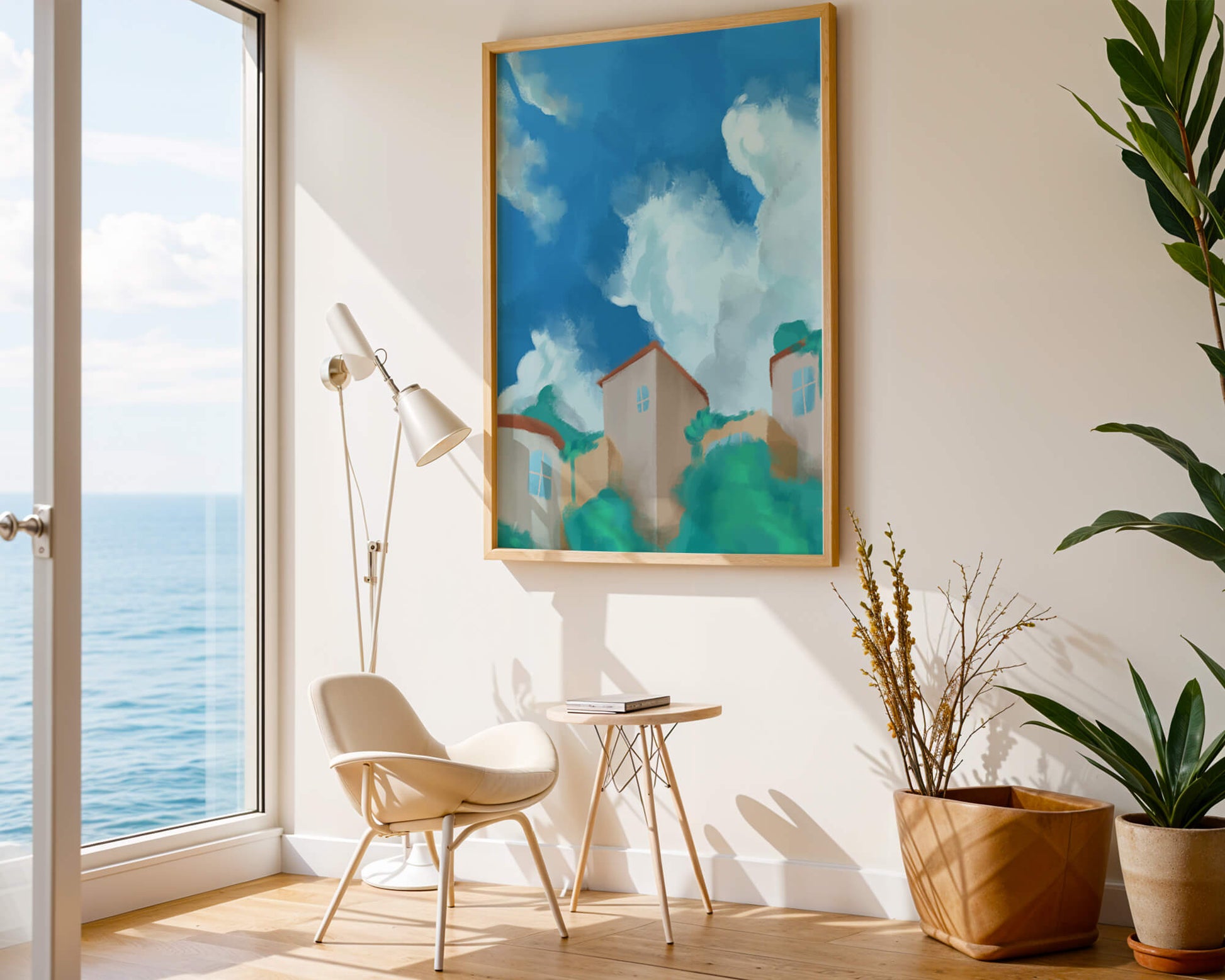 Serene landscape with houses and fluffy clouds against a blue sky