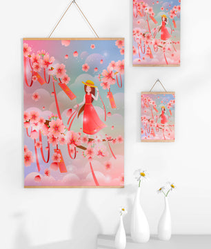 Scène printanière sereine avec des cerisiers en fleurs et une fille portant un chapeau