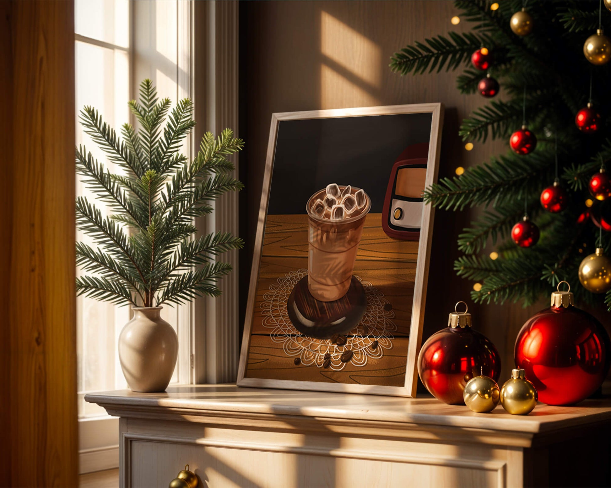 Escena de café vintage con café helado y radio retro