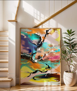 Pintura abstracta colorida con líneas vibrantes y dinámicas