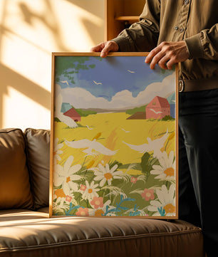 Summer Landscape with Birds and Flowers in a Pastoral Setting