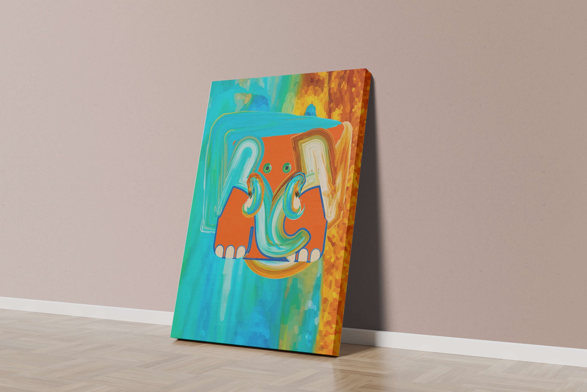Pintura abstracta colorida de un elefante con tonos vibrantes y pinceladas artísticas.