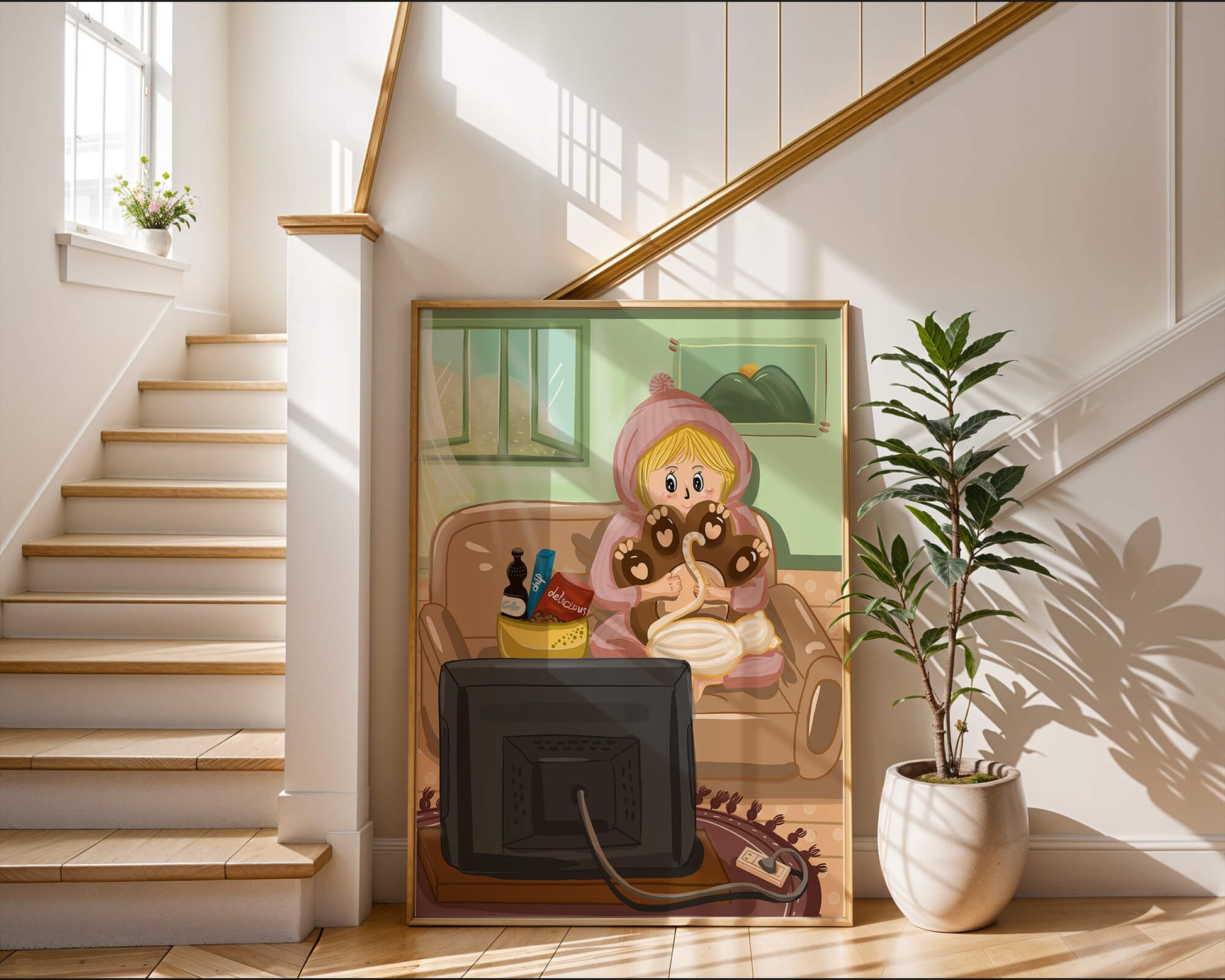 Cozy cartoon scene: person with cat and snacks on a sofa