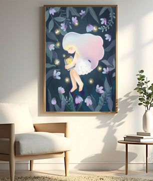 Illustration d'une fille avec un bocal lumineux dans un jardin au clair de lune