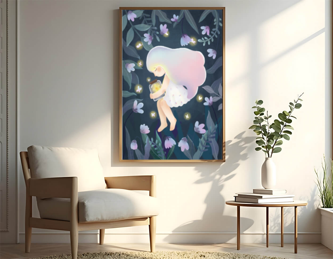 Illustration of a girl with glowing jar in moonlit garden