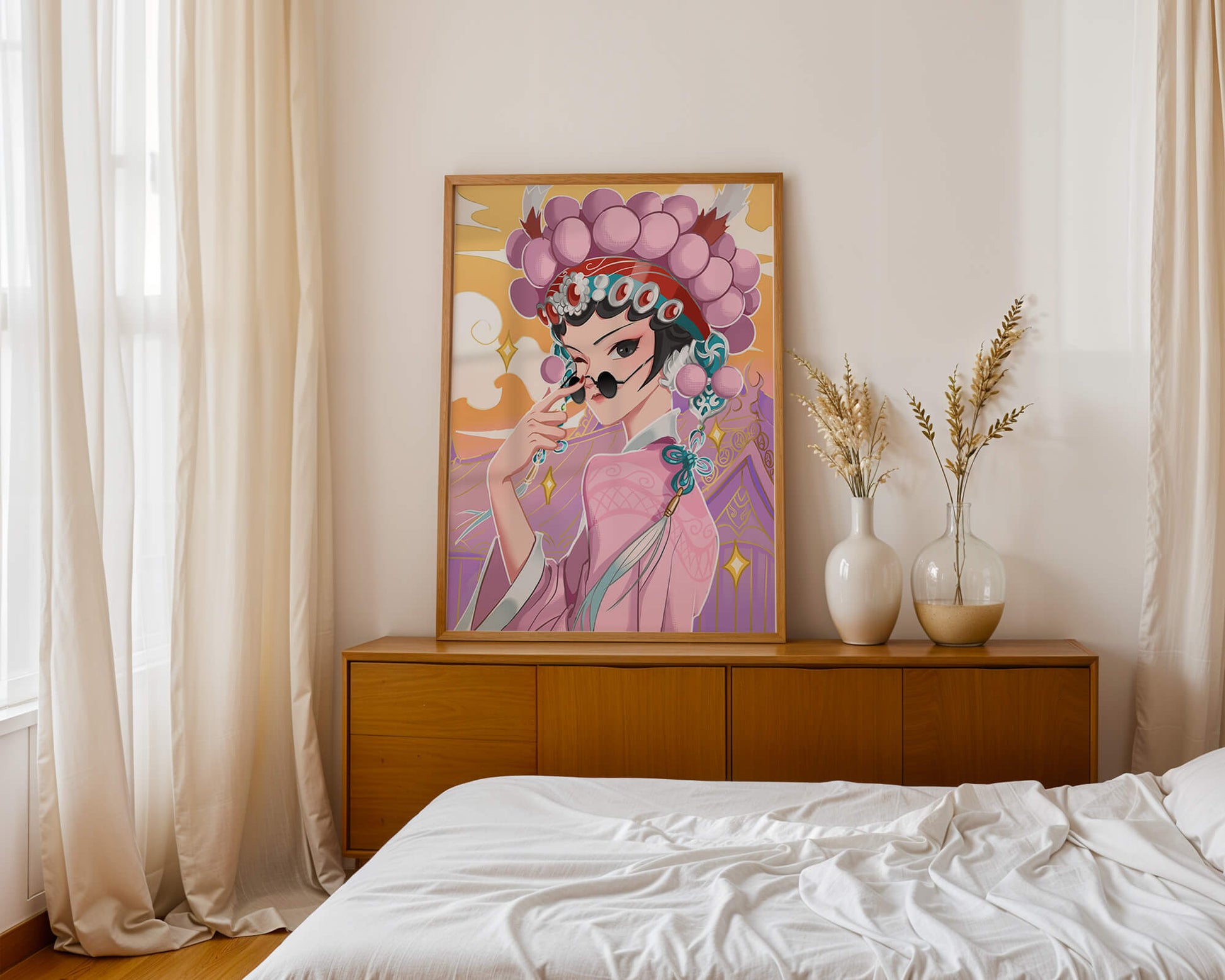 Elegant anime character in traditional attire with golden accents