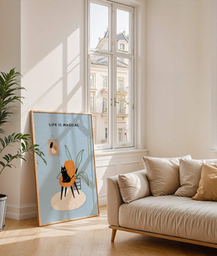 Charming Cat Relaxing on a Chair with Inspirational Quote and Art