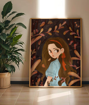 Ilustración elegante de una chica rodeada de follaje abstracto