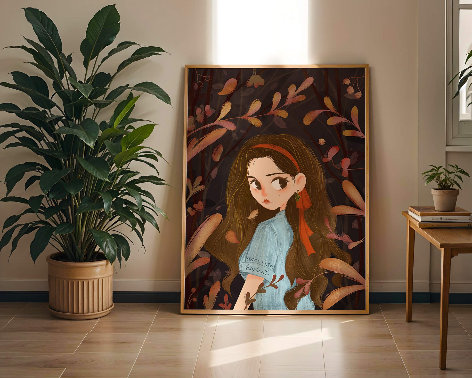 Elegante ilustración de una niña rodeada de follaje abstracto.