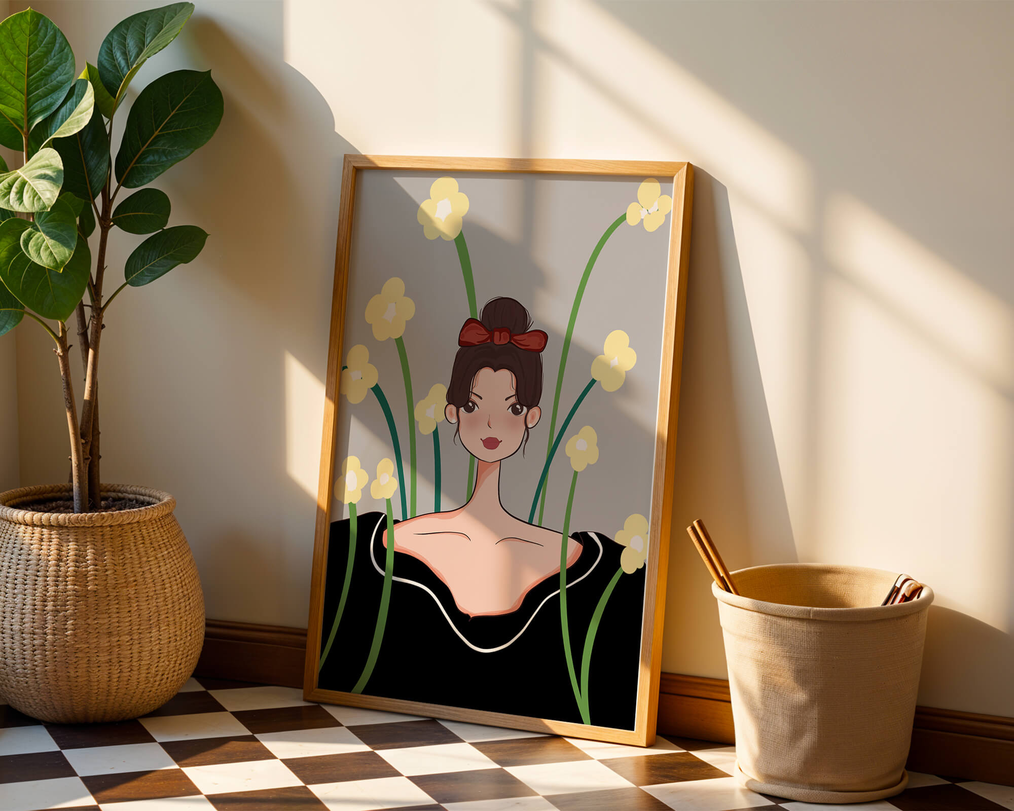 Illustration of a woman with floral background and red bow