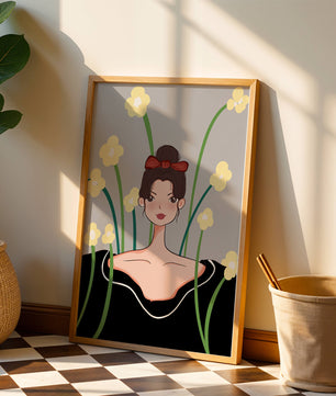 Ilustración de una mujer con fondo floral y lazo rojo