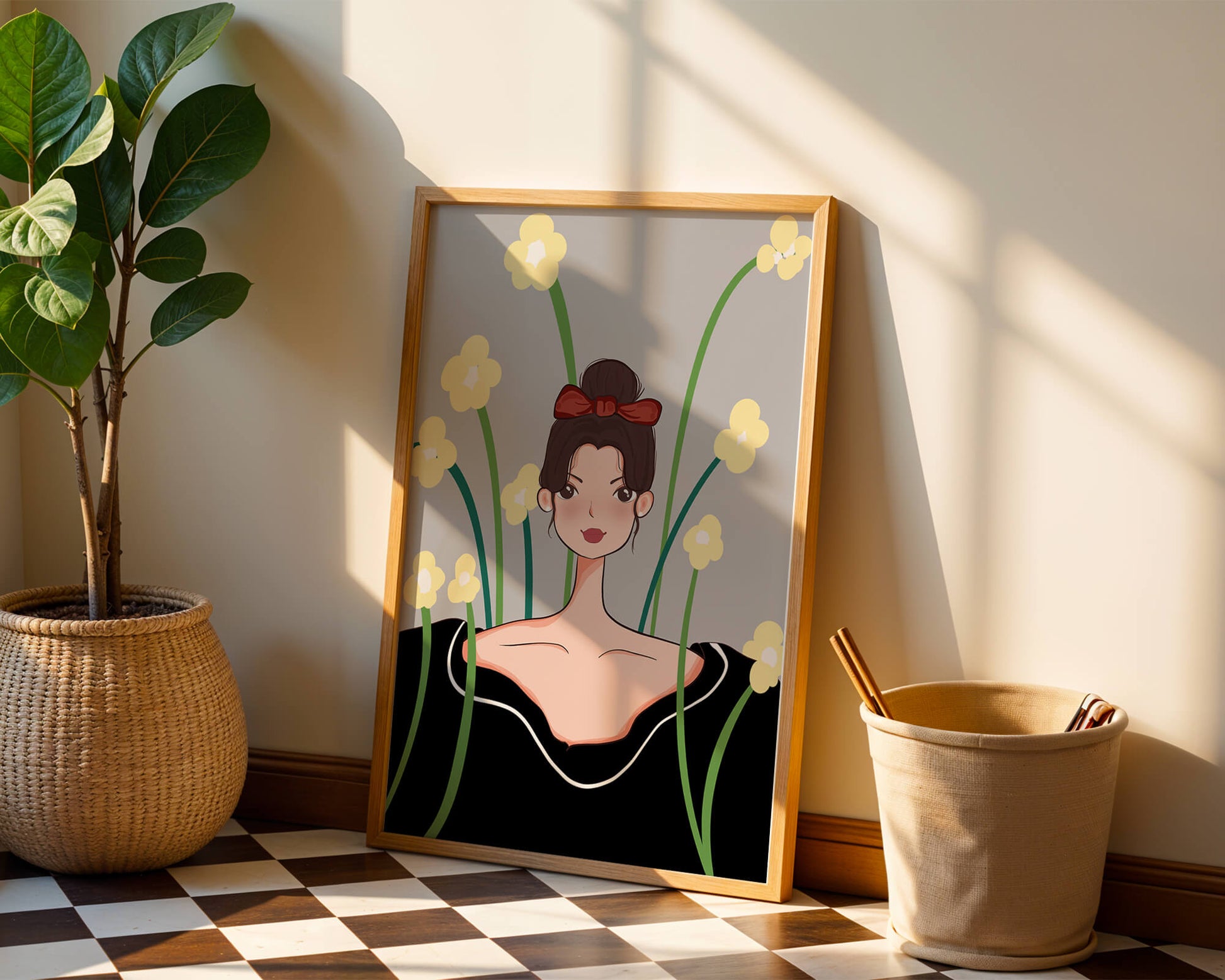 Illustration of a woman with floral background and red bow