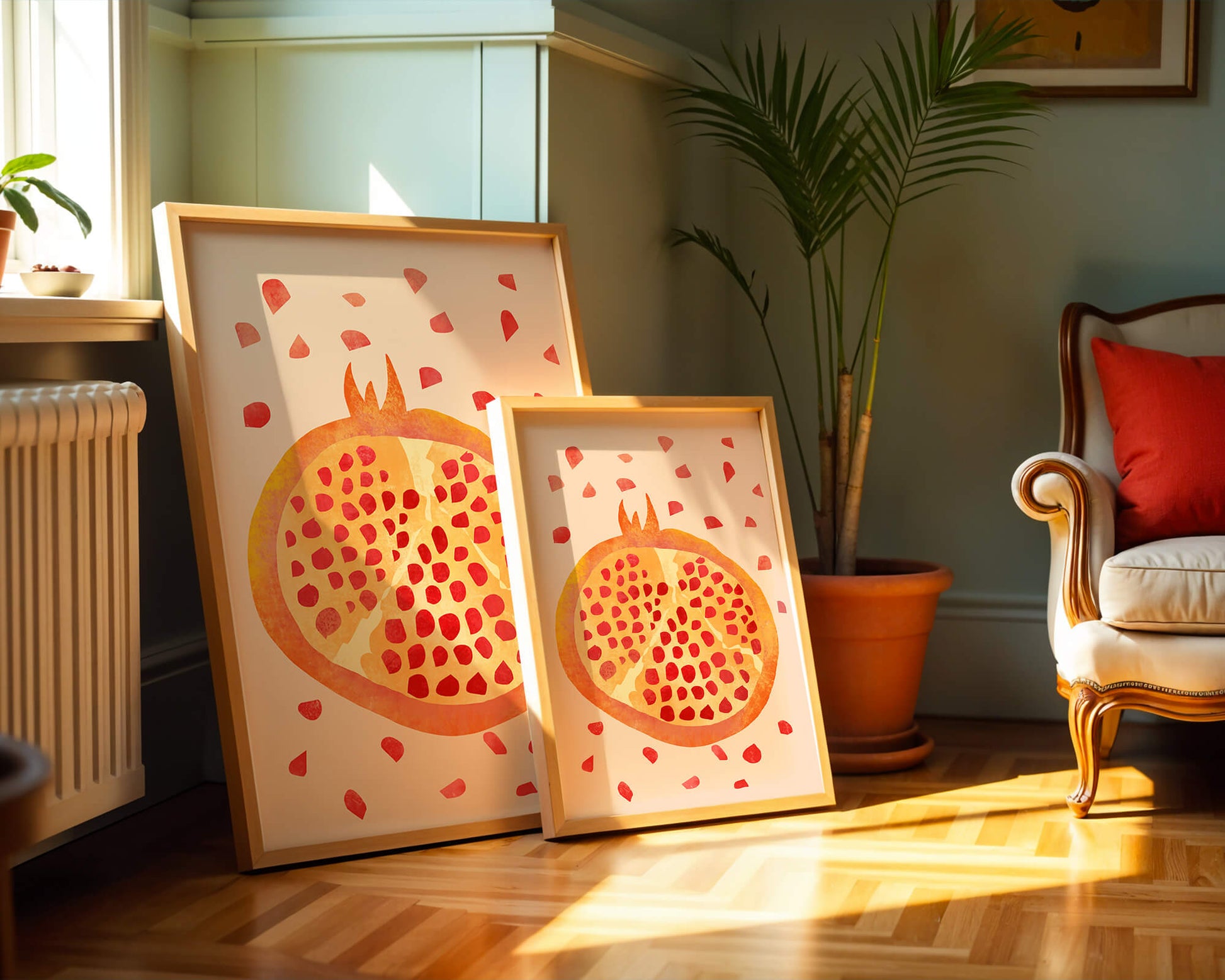 Colorful abstract pomegranate illustration with scattered seeds