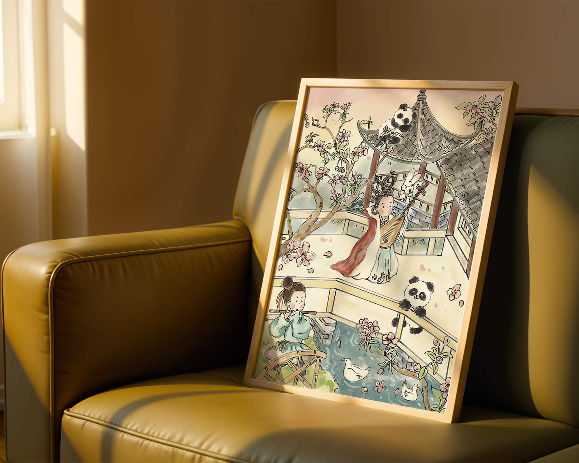 Escena tranquila de jardín asiático con pandas y flores