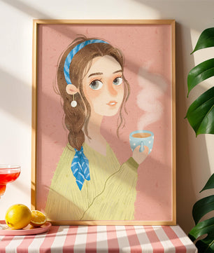 Illustration d'une fille avec un bandeau tenant une tasse fumante