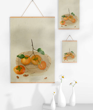 Still Life with Persimmons and Branch on a Neutral Background