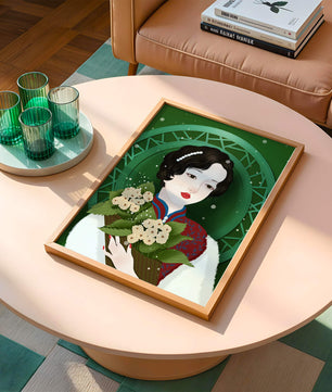 Elegant portrait of a woman with a bouquet of roses on a green abstract background