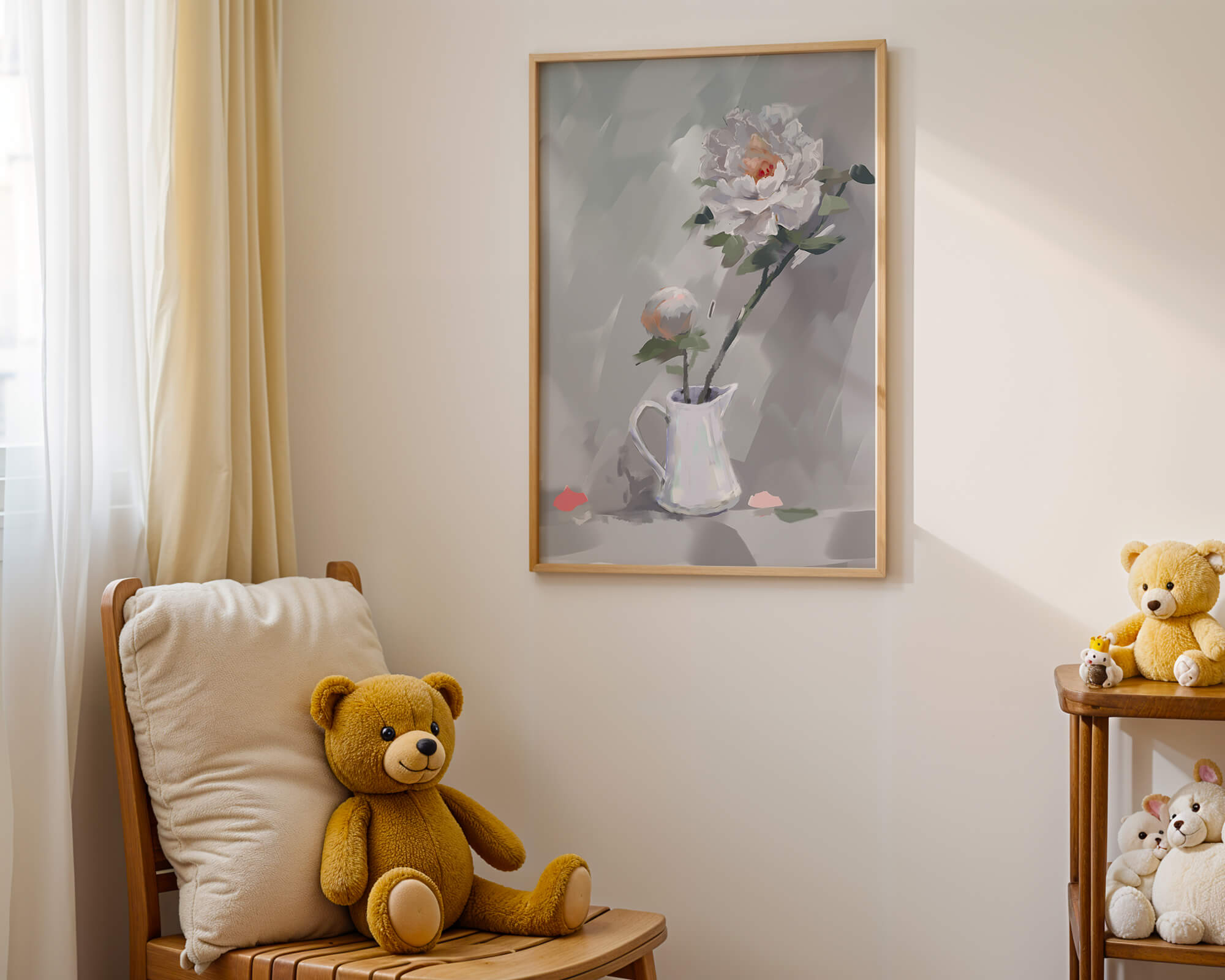 Elegant white peonies in a ceramic jug with soft pastel background