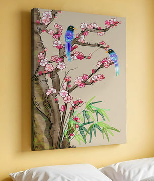Illustration sereine d’oiseaux sur des branches en fleurs avec des feuilles de bambou