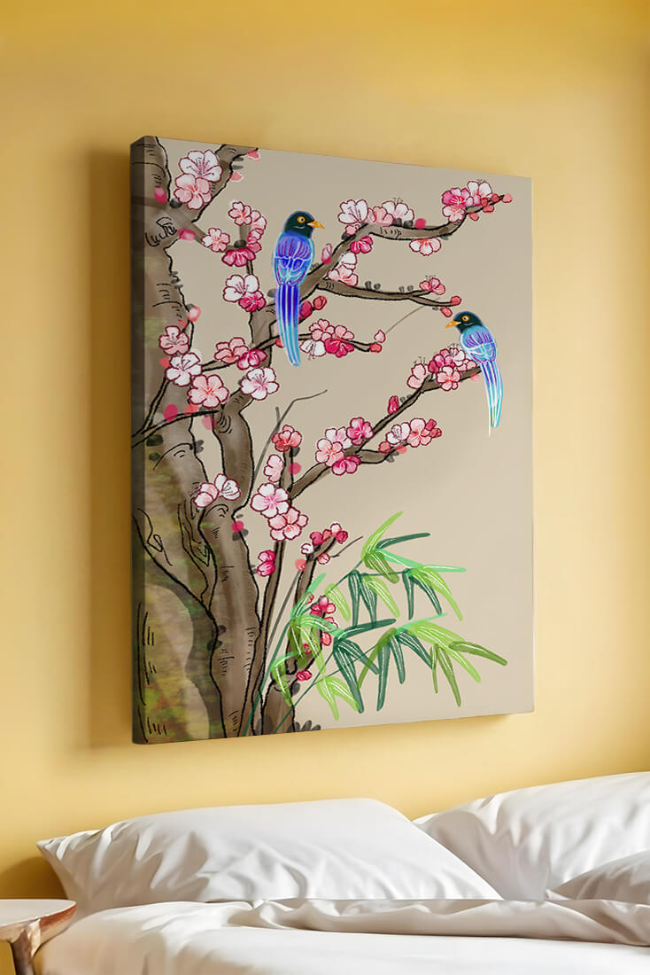 Illustration sereine d’oiseaux sur des branches en fleurs avec des feuilles de bambou