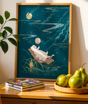 Adorable ilustración de un gato relajándose en un jardín iluminado por la luna con linterna