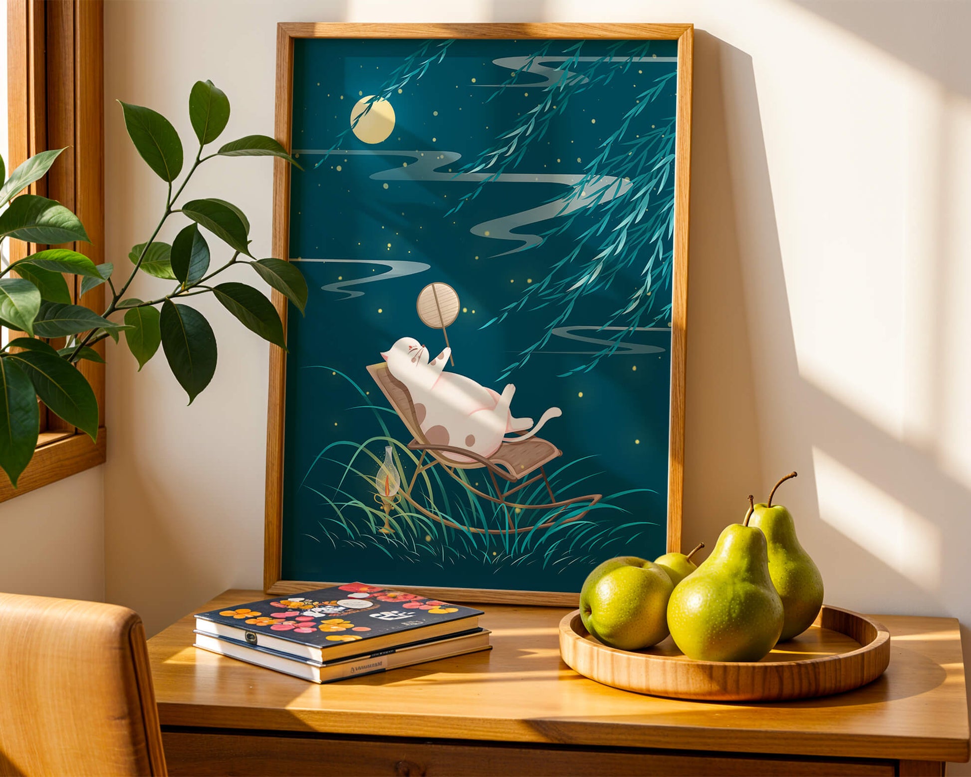 Adorable ilustración de un gato relajándose en un jardín iluminado por la luna con linterna
