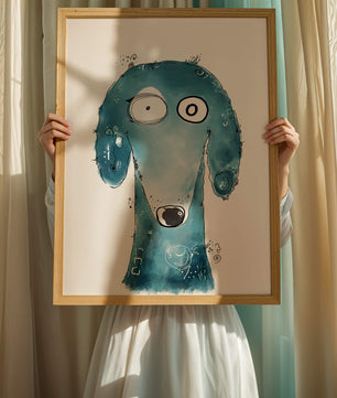Illustration fantaisiste d’un chien bleu aux traits expressifs
