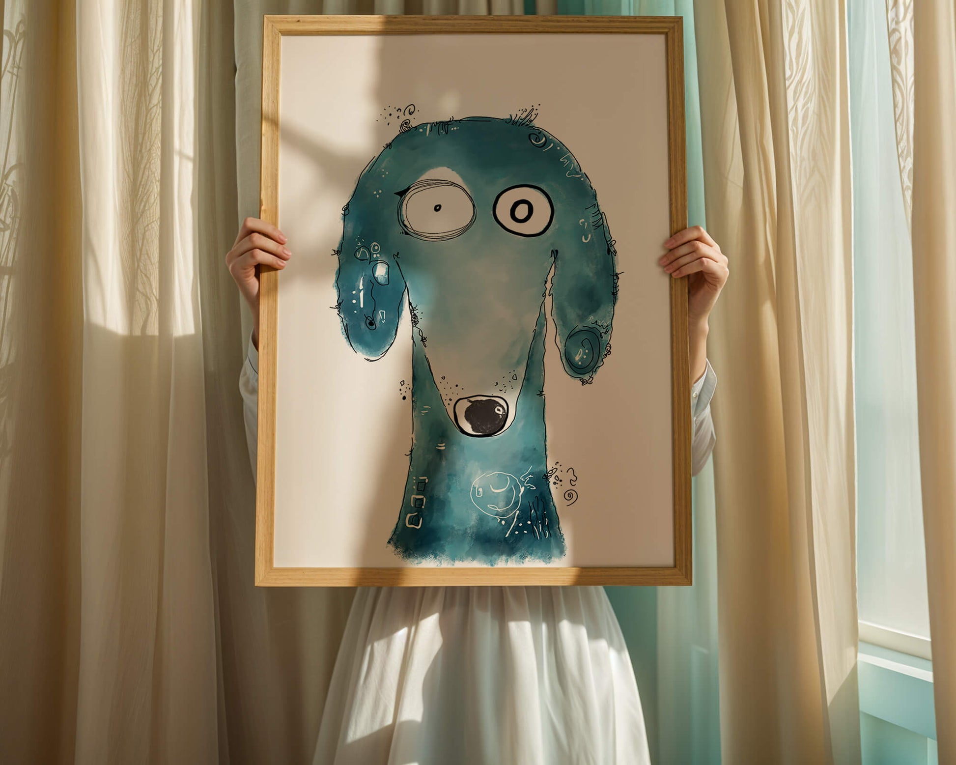 Whimsical blue dog illustration with expressive features