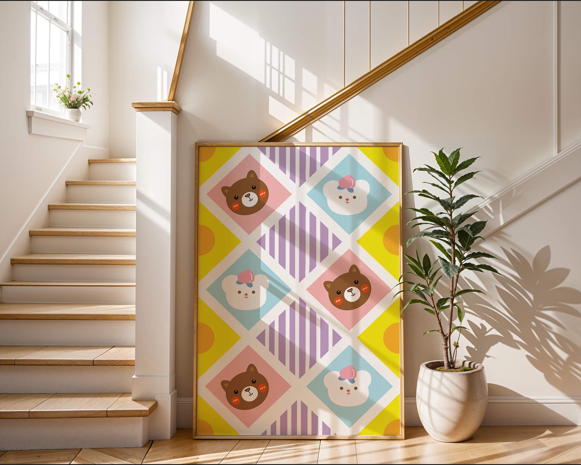 Playful geometric bear and colorful pattern for children's room decor