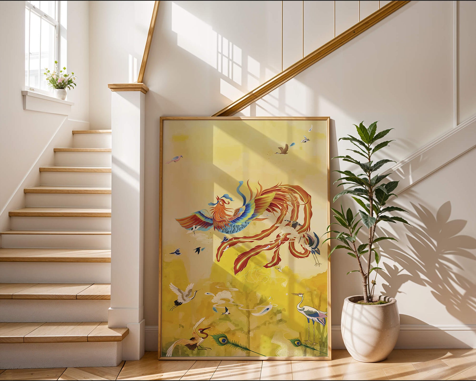 Colorful mystical bird with vivid feathered companions in a vibrant sky